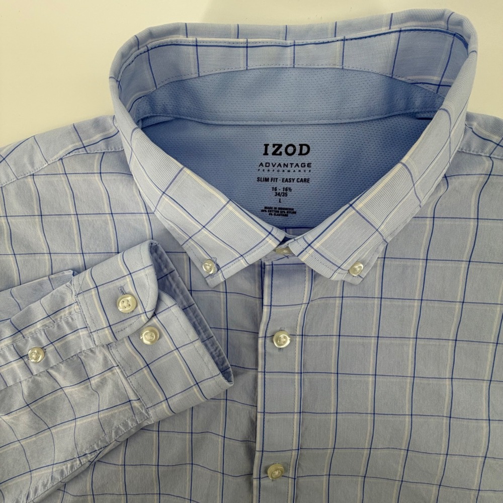 IZOD Advantage Perf. Slim Fit Ez Care Light Blue Plaid Button Down Shirt Mens L